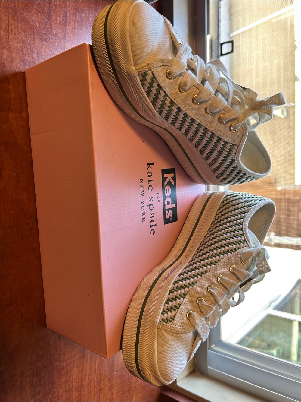 Kate Spade Keds woven platform sneakers in green and white